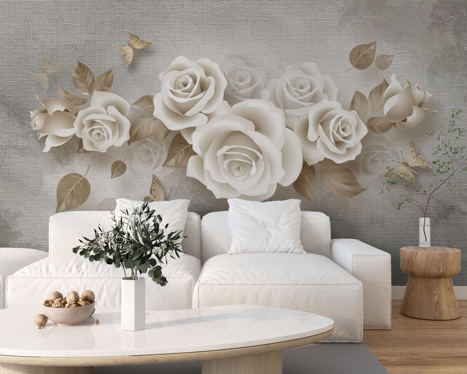 Fotobehang sierlijke ivoorkleurige rozenstengel