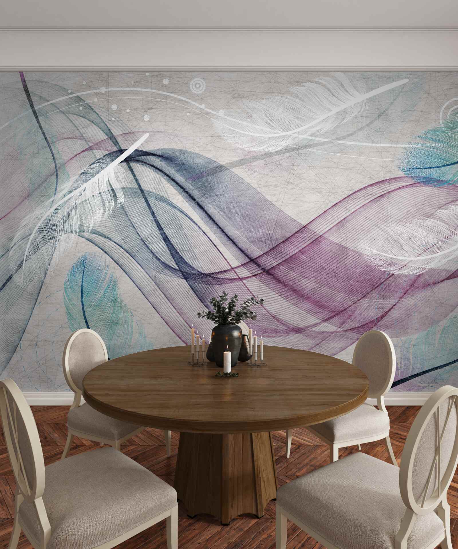 Fotobehang abstract in de kleuren van veren en golven