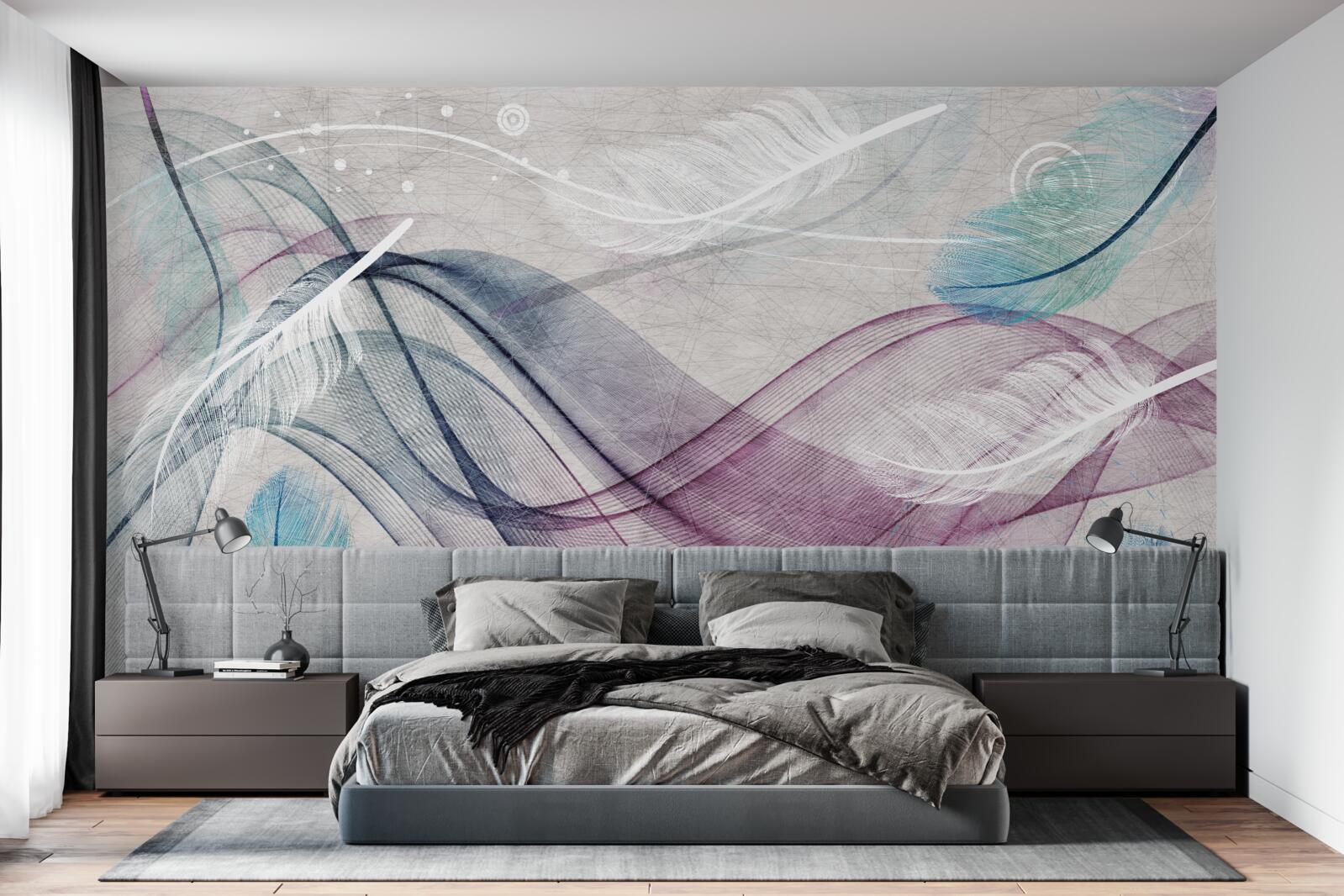 Fotobehang abstract in de kleuren van veren en golven