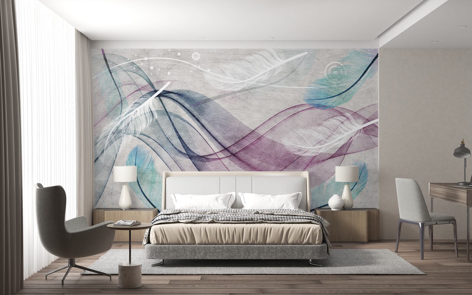 Fotobehang abstract in de kleuren van veren en golven