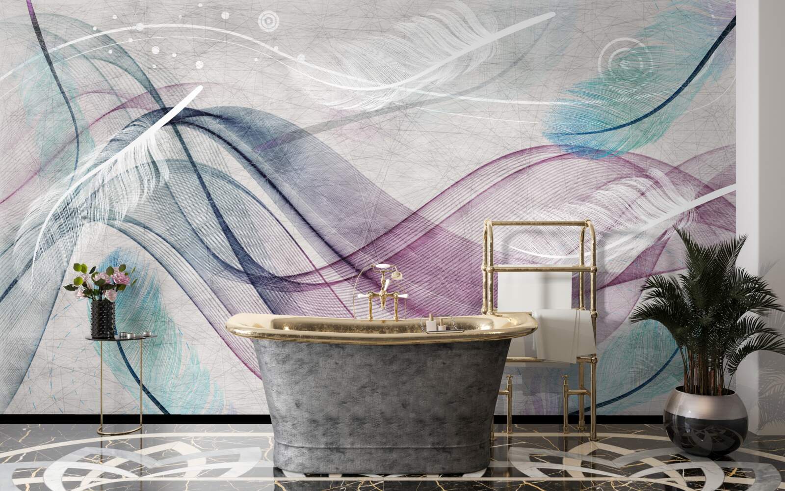 Fotobehang abstract in de kleuren van veren en golven