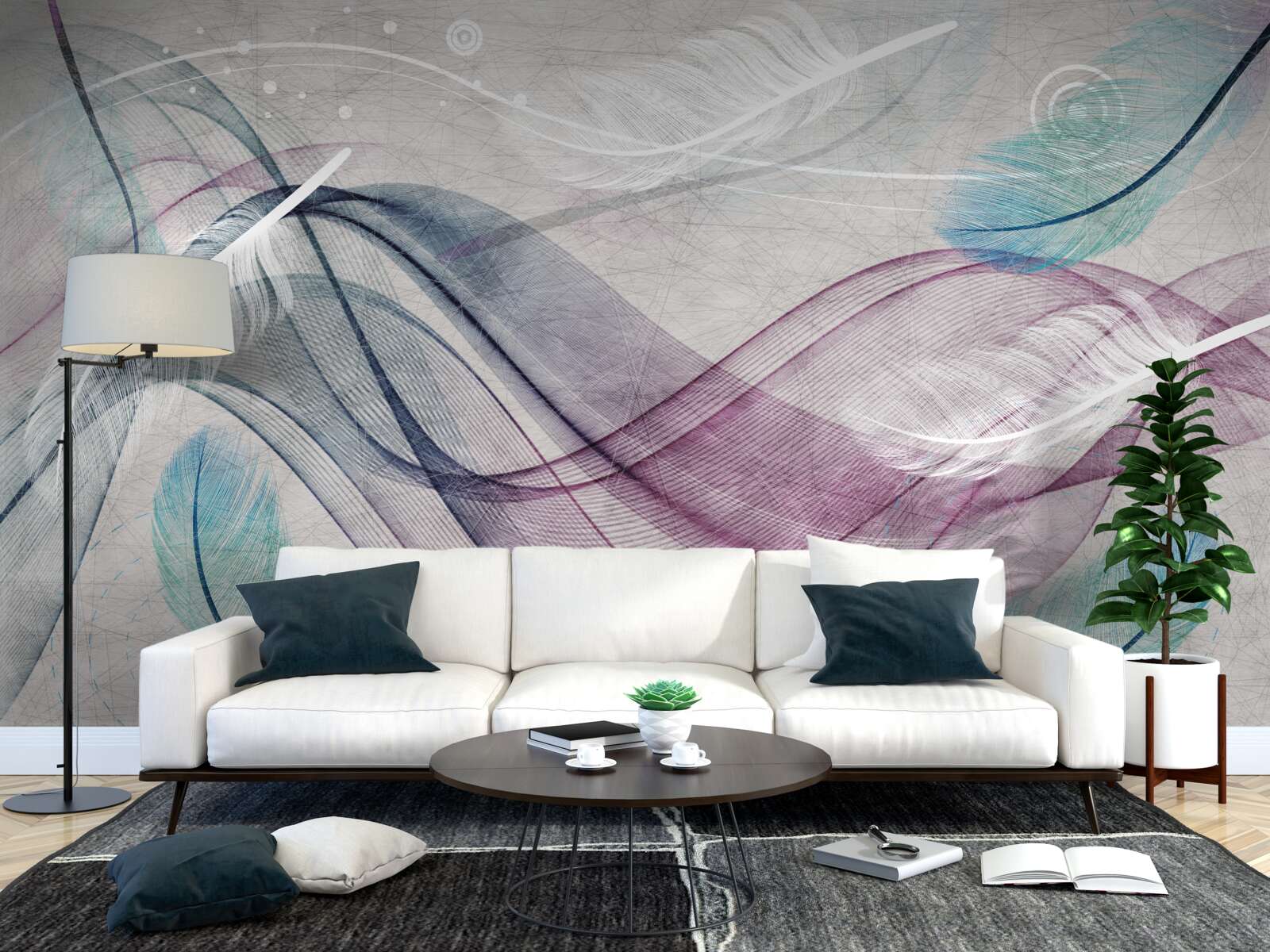 Fotobehang abstract in de kleuren van veren en golven
