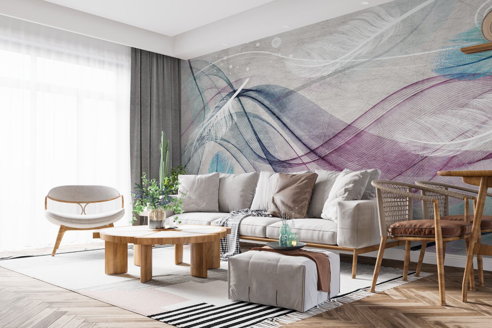 Fotobehang abstract in de kleuren van veren en golven