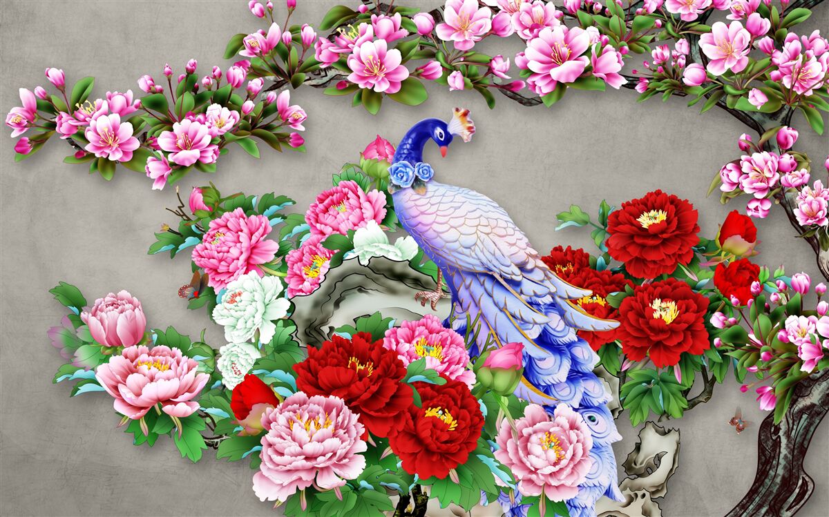 Fotobehang pauw met prachtig verenkleed op de takken van bloeiende magnolia's en rozen