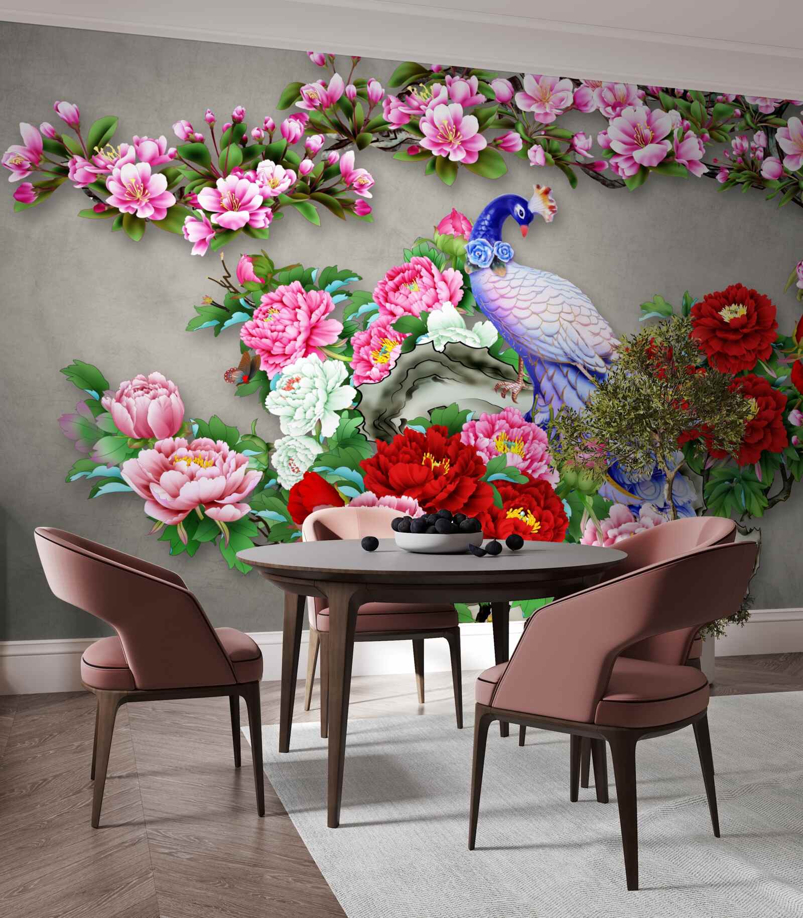 Fotobehang pauw met prachtig verenkleed op de takken van bloeiende magnolia's en rozen