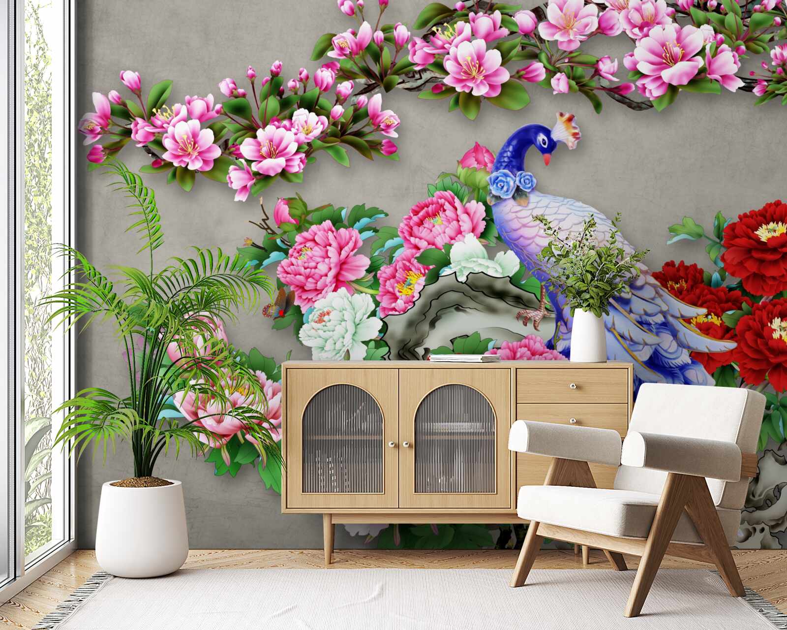 Fotobehang pauw met prachtig verenkleed op de takken van bloeiende magnolia's en rozen