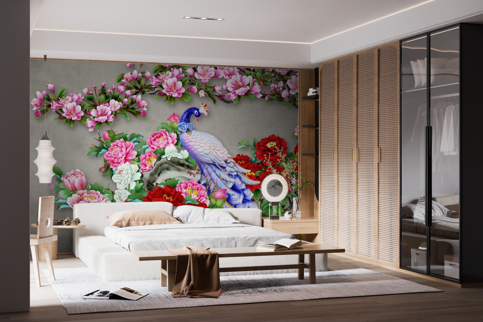 Fotobehang pauw met prachtig verenkleed op de takken van bloeiende magnolia's en rozen