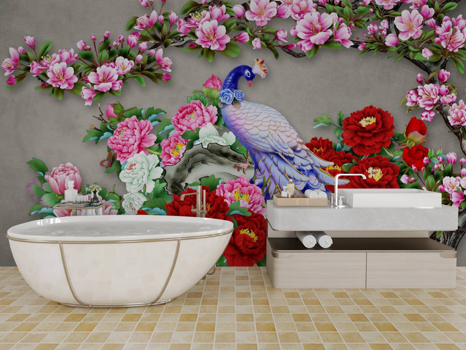 Fotobehang pauw met prachtig verenkleed op de takken van bloeiende magnolia's en rozen