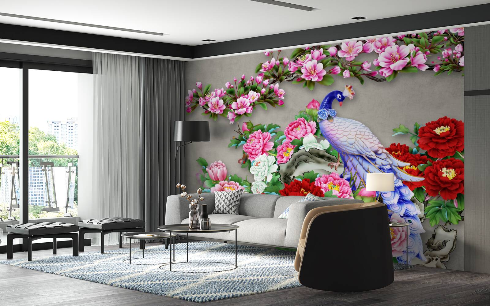 Fotobehang pauw met prachtig verenkleed op de takken van bloeiende magnolia's en rozen