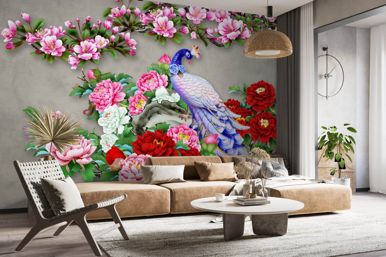 Fotobehang pauw met prachtig verenkleed op de takken van bloeiende magnolia's en rozen