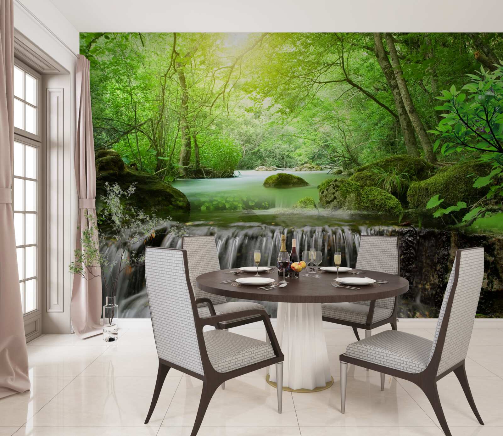 Fotobehang zonnestralen bereiken de waterval