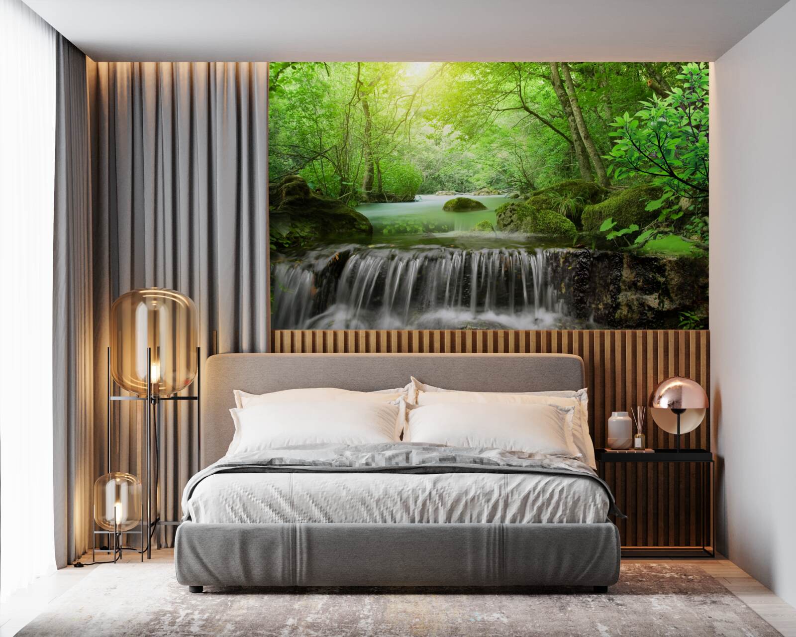 Fotobehang zonnestralen bereiken de waterval