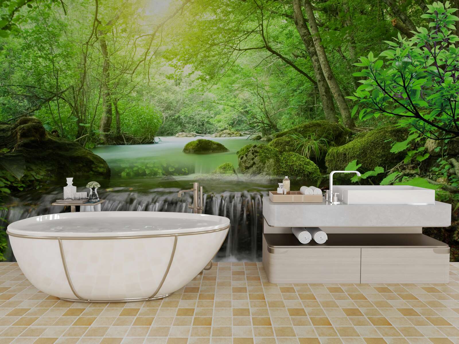 Fotobehang zonnestralen bereiken de waterval