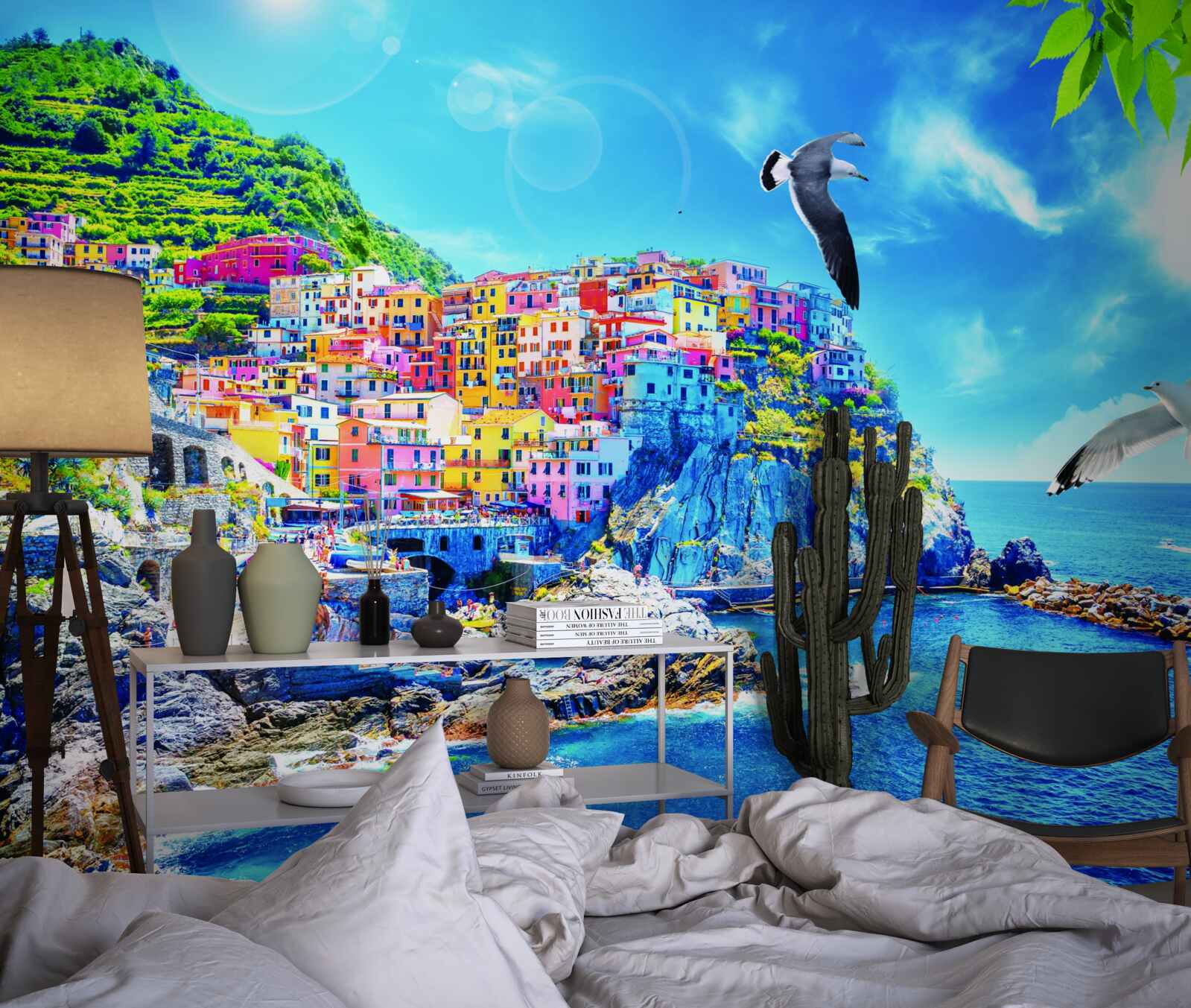 Fotobehang klein stadje aan zee, op prachtige kliffen, badend in helder licht