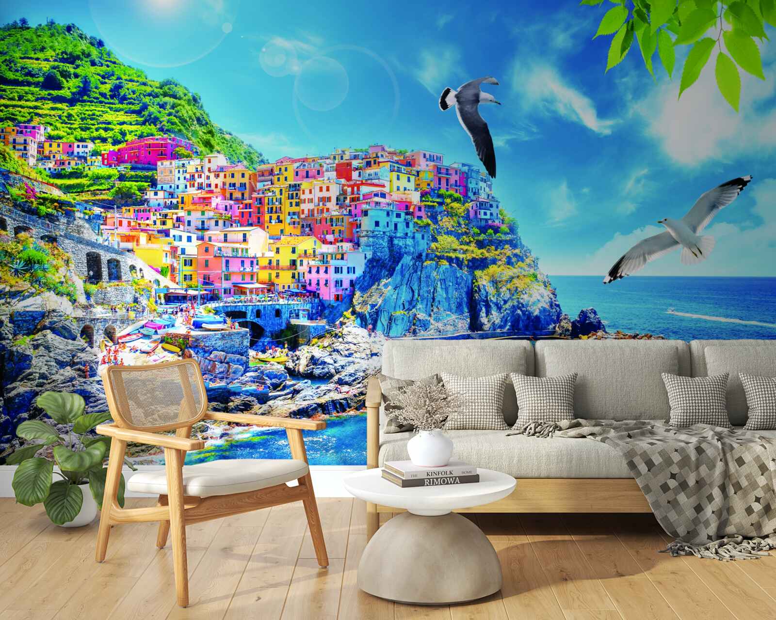 Fotobehang klein stadje aan zee, op prachtige kliffen, badend in helder licht