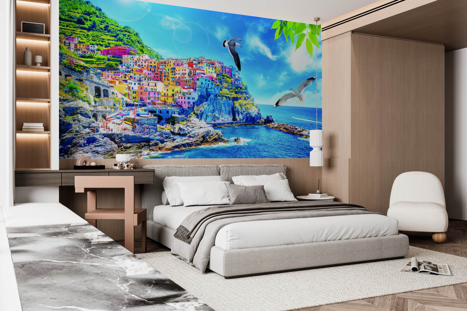 Fotobehang klein stadje aan zee, op prachtige kliffen, badend in helder licht