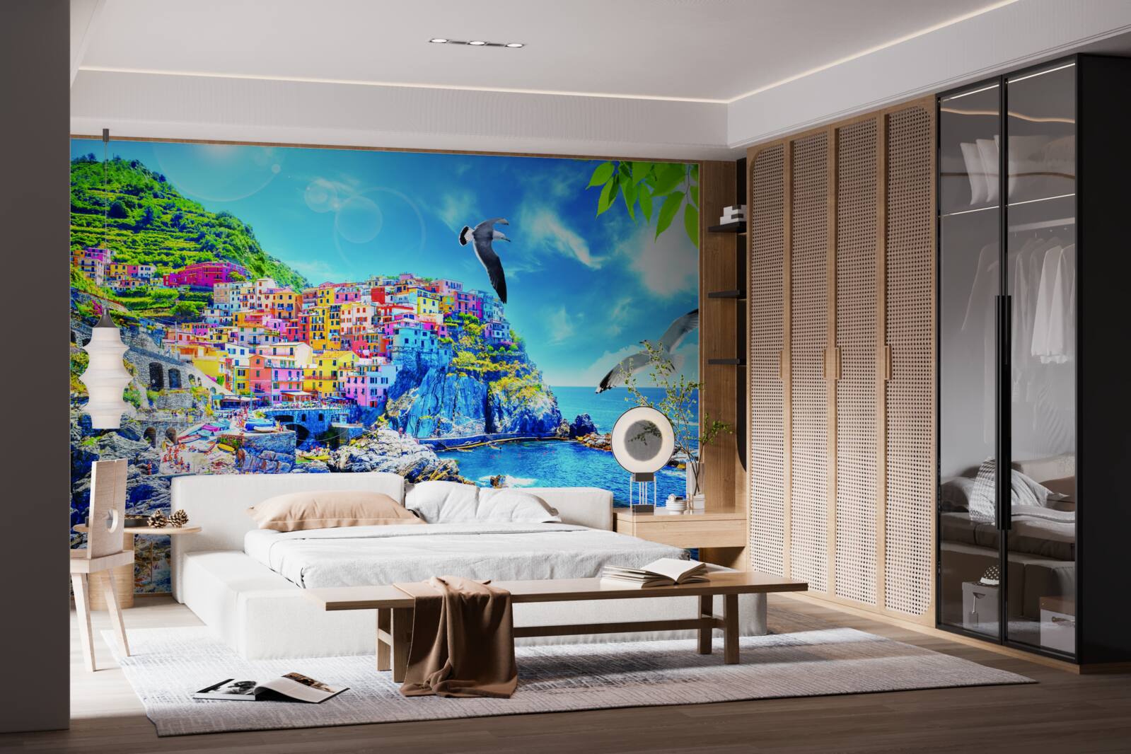 Fotobehang klein stadje aan zee, op prachtige kliffen, badend in helder licht