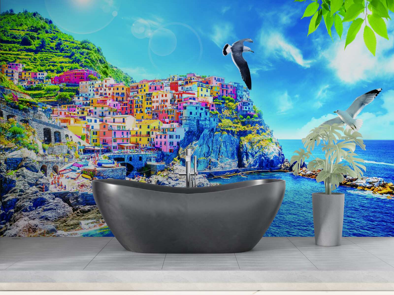 Fotobehang klein stadje aan zee, op prachtige kliffen, badend in helder licht