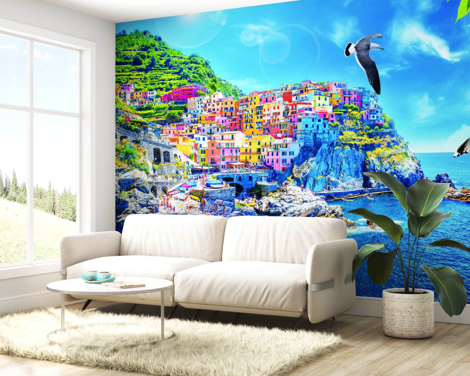 Fotobehang klein stadje aan zee, op prachtige kliffen, badend in helder licht