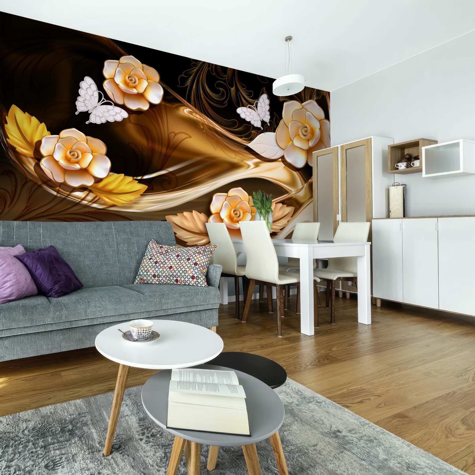 Fotobehang magnolia's met crèmekleurige bloemen aan tere takken