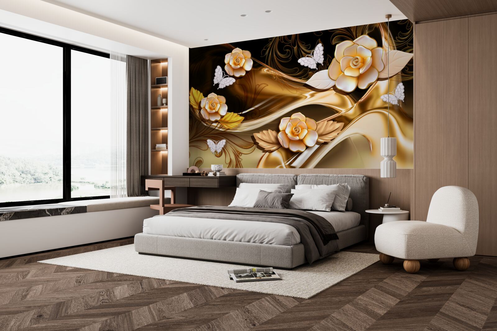 Fotobehang magnolia's met crèmekleurige bloemen aan tere takken