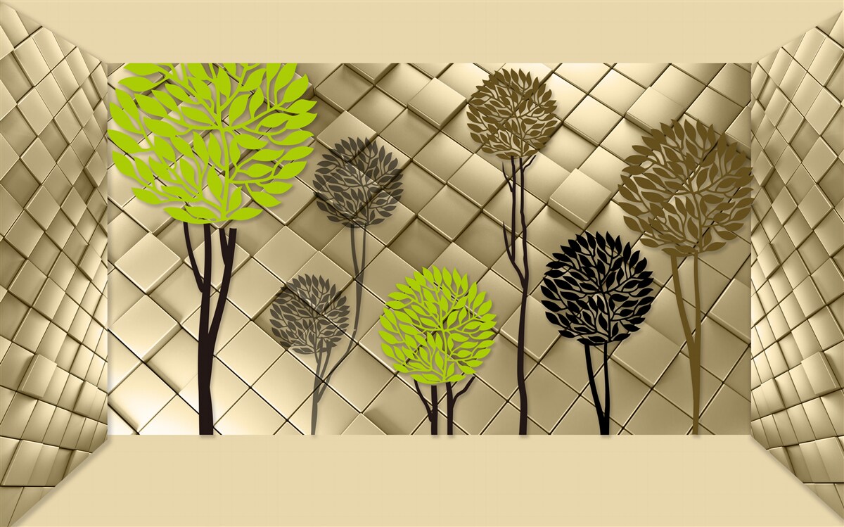 Fotobehang abstracties in groen- en bruintinten zijn geplaatst op een gouden basis