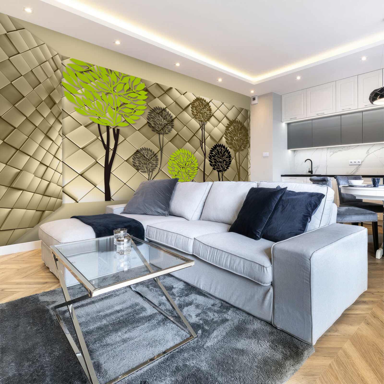 Fotobehang abstracties in groen- en bruintinten zijn geplaatst op een gouden basis