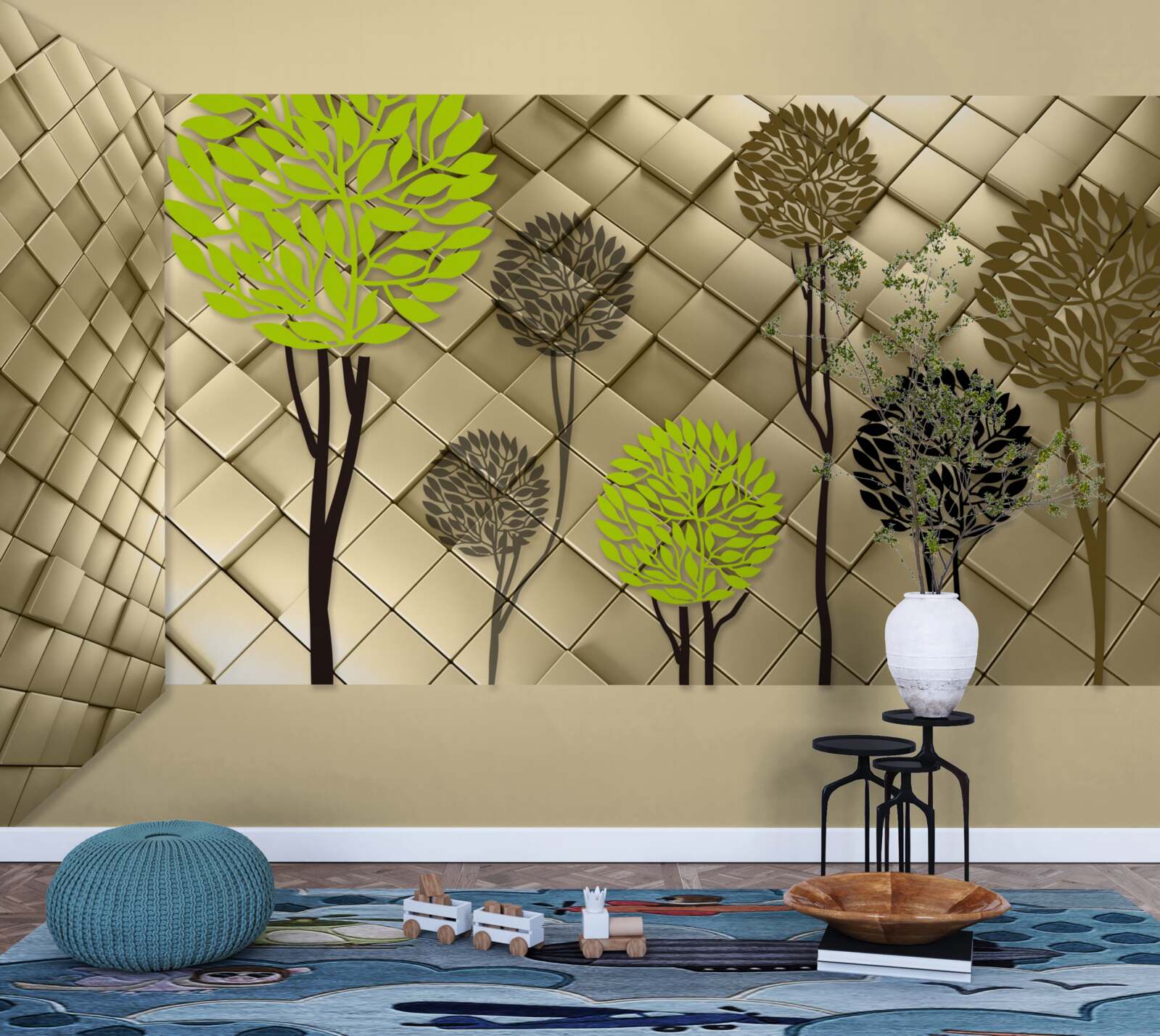 Fotobehang abstracties in groen- en bruintinten zijn geplaatst op een gouden basis