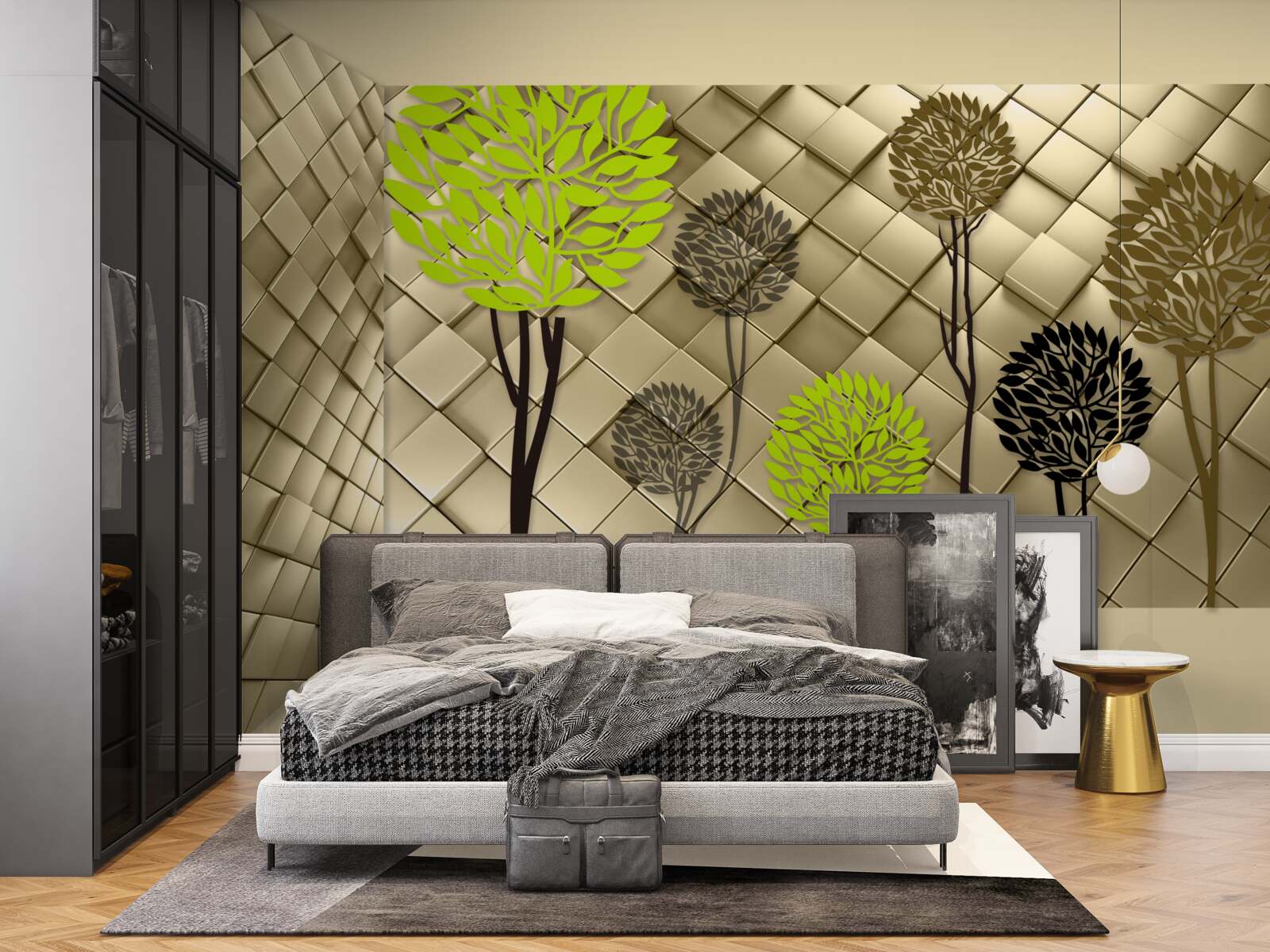 Fotobehang abstracties in groen- en bruintinten zijn geplaatst op een gouden basis