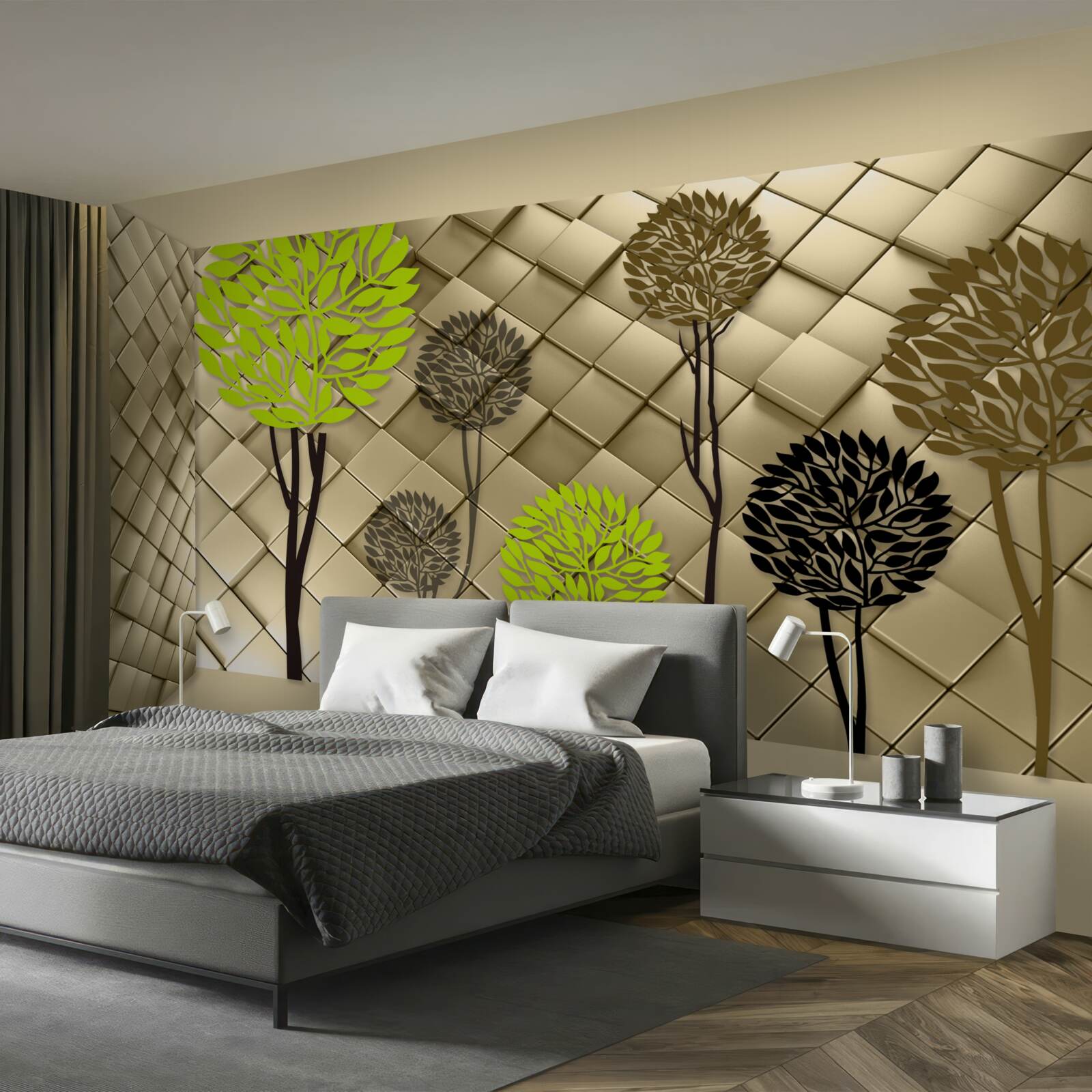 Fotobehang abstracties in groen- en bruintinten zijn geplaatst op een gouden basis