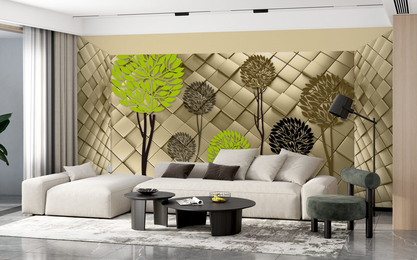 Fotobehang abstracties in groen- en bruintinten zijn geplaatst op een gouden basis