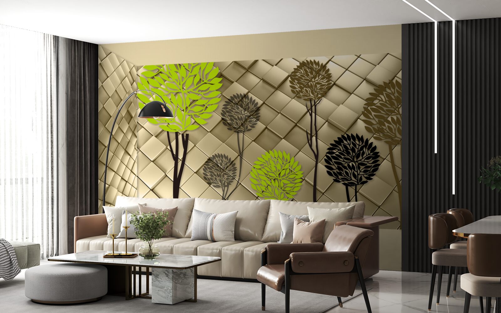 Fotobehang abstracties in groen- en bruintinten zijn geplaatst op een gouden basis