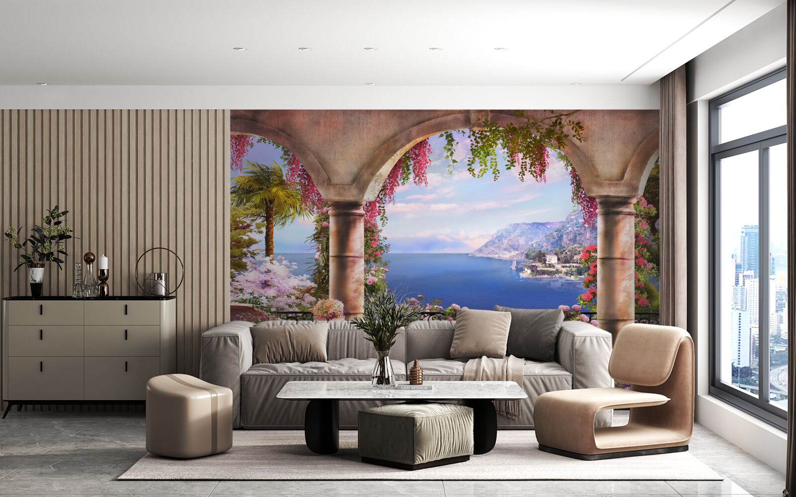 Fotobehang Stenen bogen aan de oevers van de blauwe zee