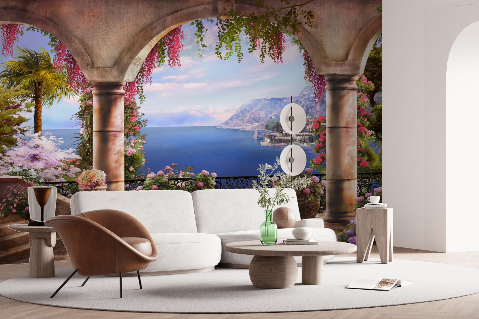 Fotobehang Stenen bogen aan de oevers van de blauwe zee