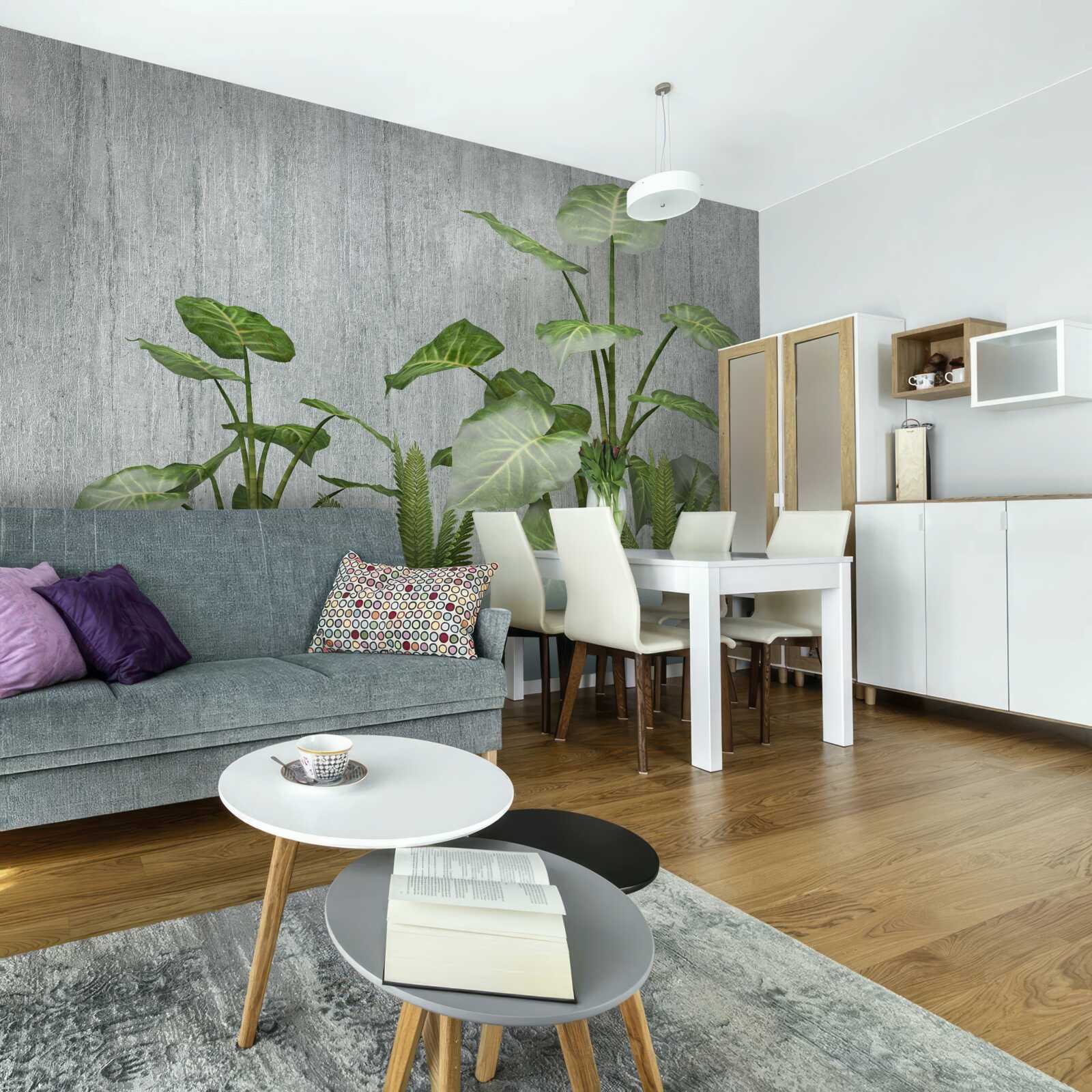 Fotobehang grote monstera struik op een zilveren achtergrond