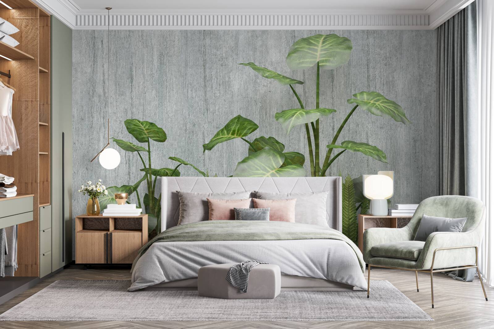 Fotobehang grote monstera struik op een zilveren achtergrond