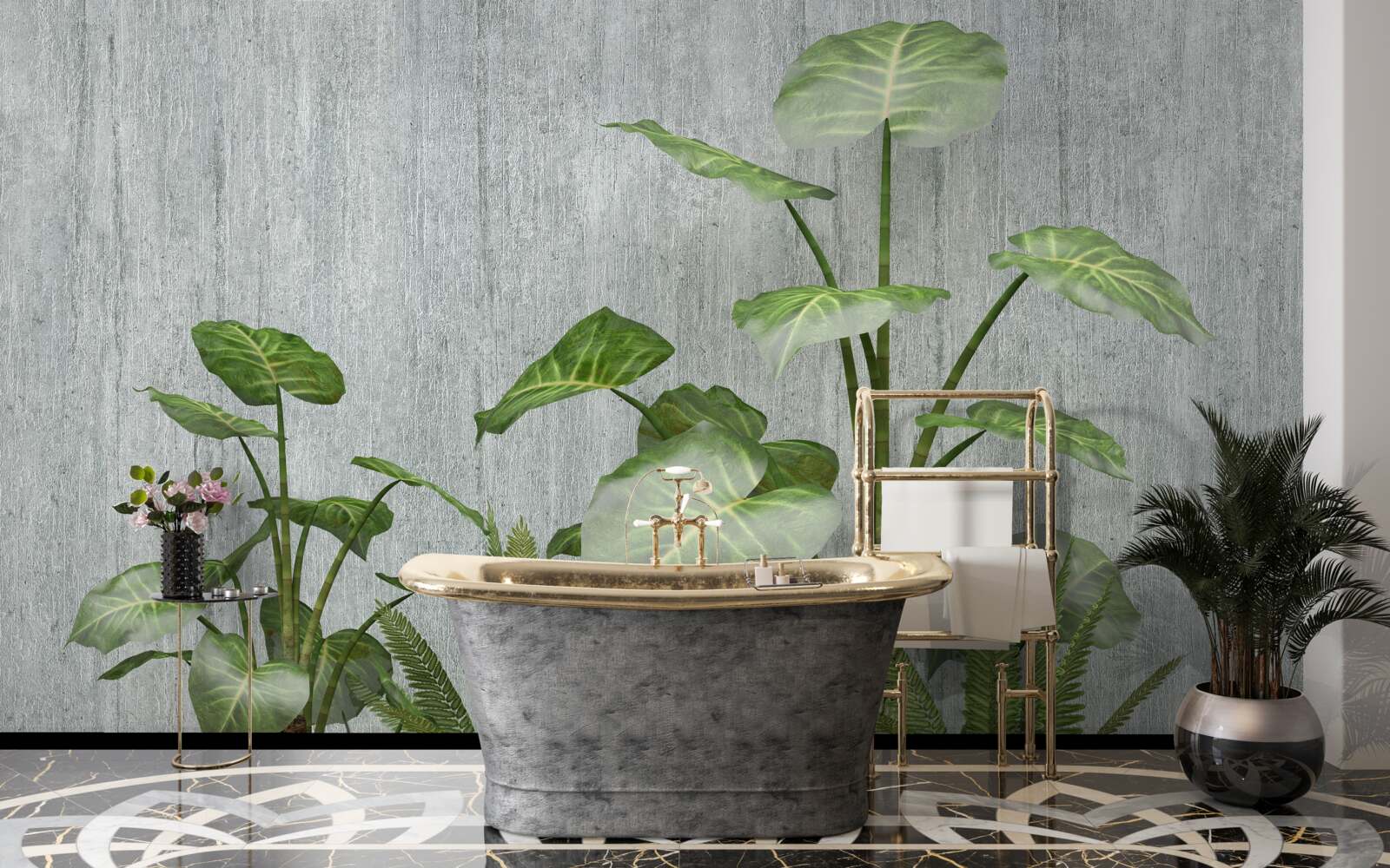 Fotobehang grote monstera struik op een zilveren achtergrond