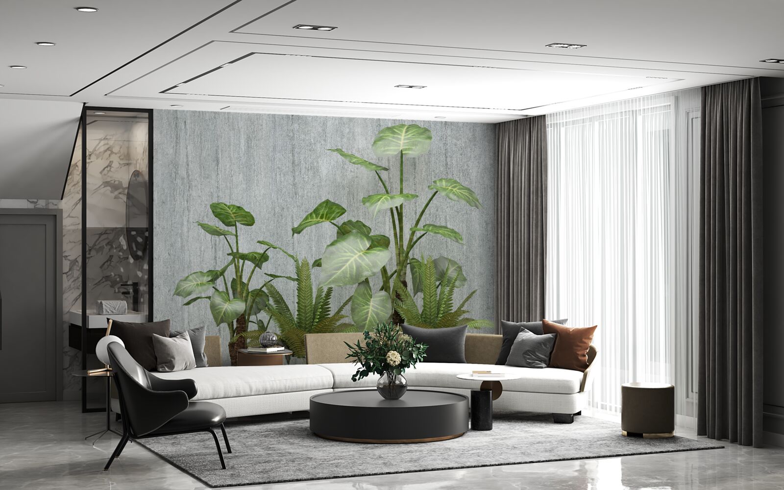 Fotobehang grote monstera struik op een zilveren achtergrond