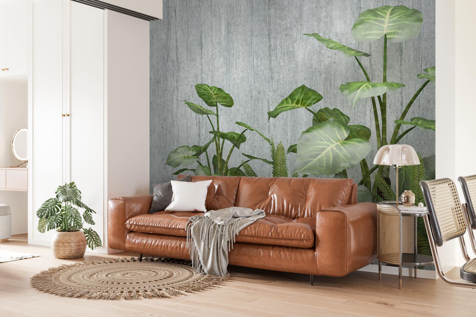 Fotobehang grote monstera struik op een zilveren achtergrond