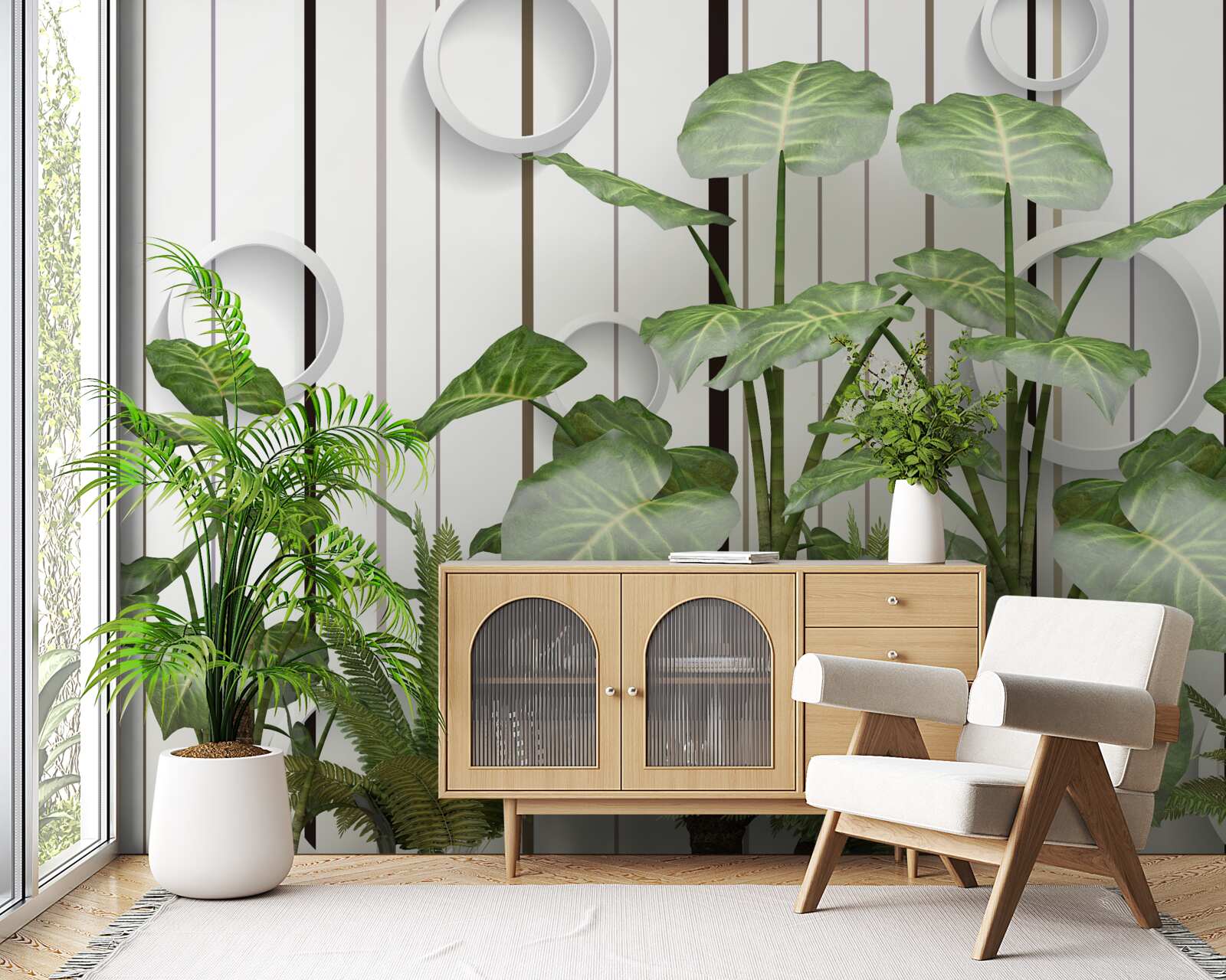 Fotobehang abstracte achtergrond versierd met groene vegetatie