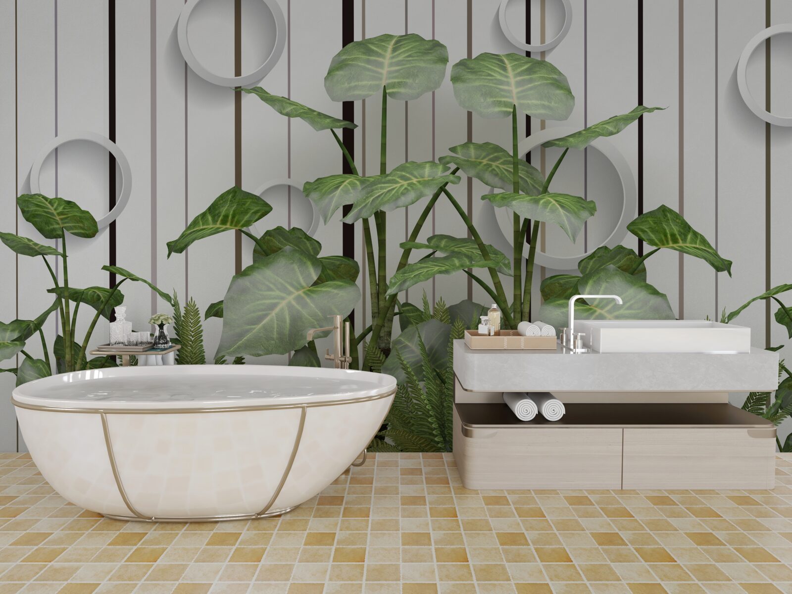 Fotobehang abstracte achtergrond versierd met groene vegetatie