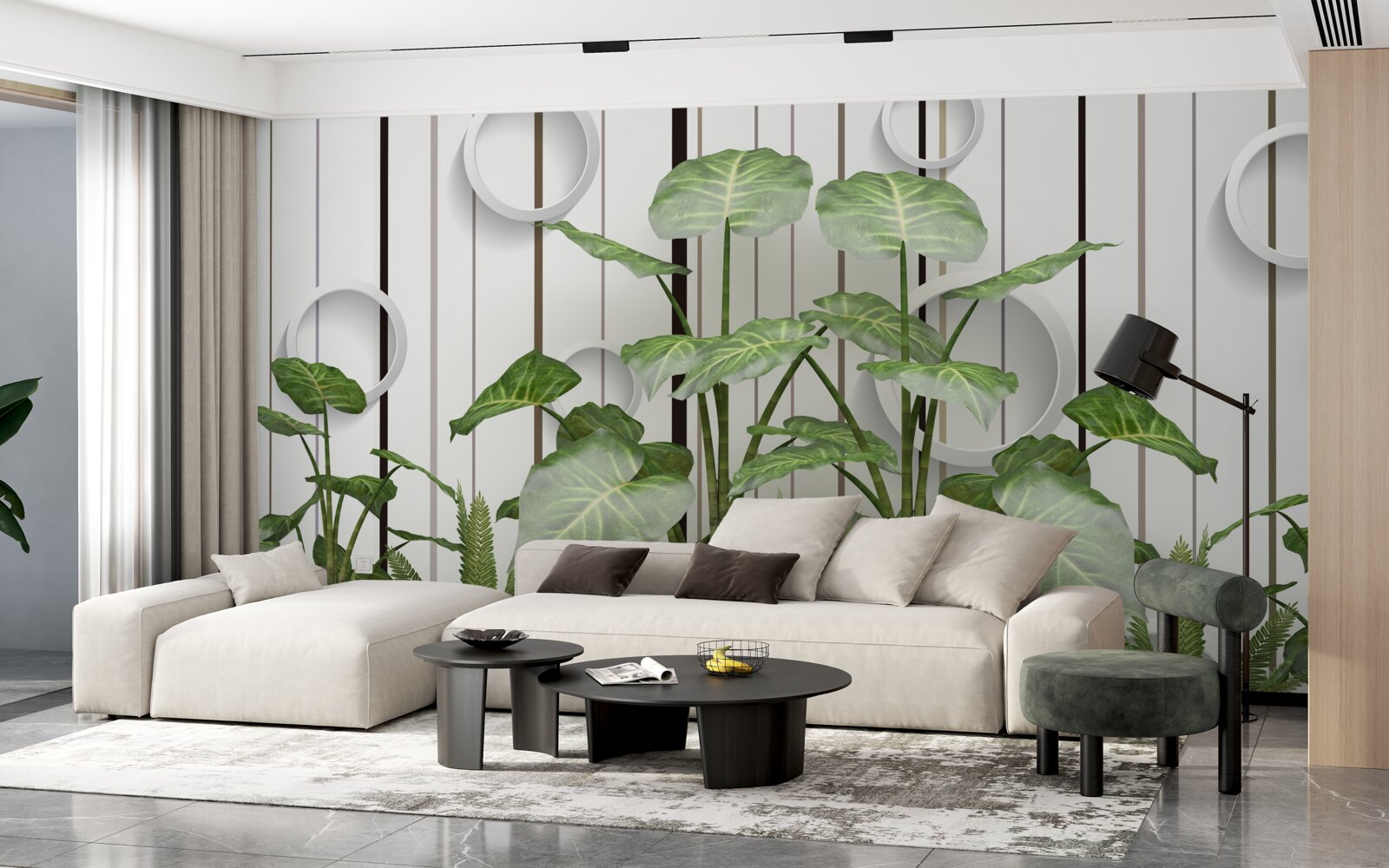 Fotobehang abstracte achtergrond versierd met groene vegetatie