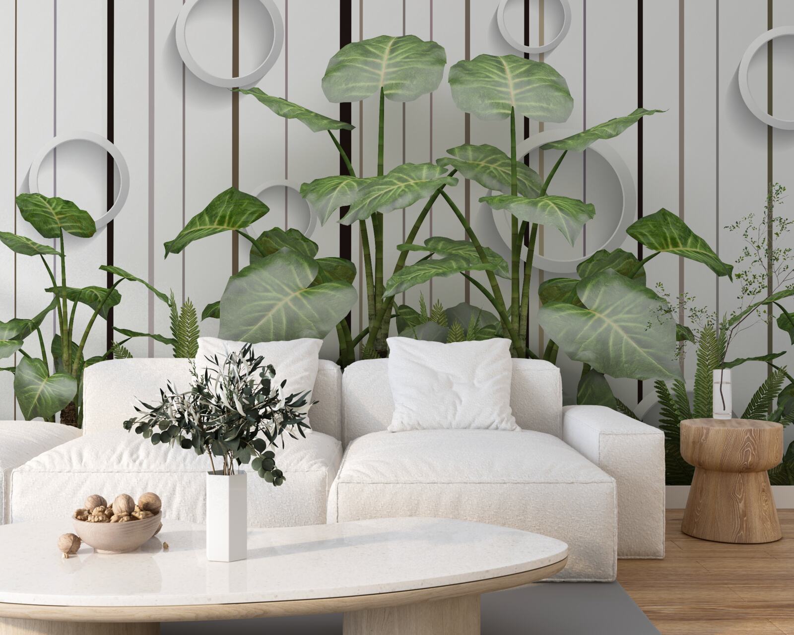 Fotobehang abstracte achtergrond versierd met groene vegetatie