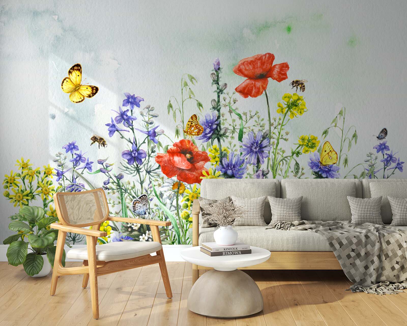 Fotobehang Spectaculaire vlinders en weidebloemen in de zomer