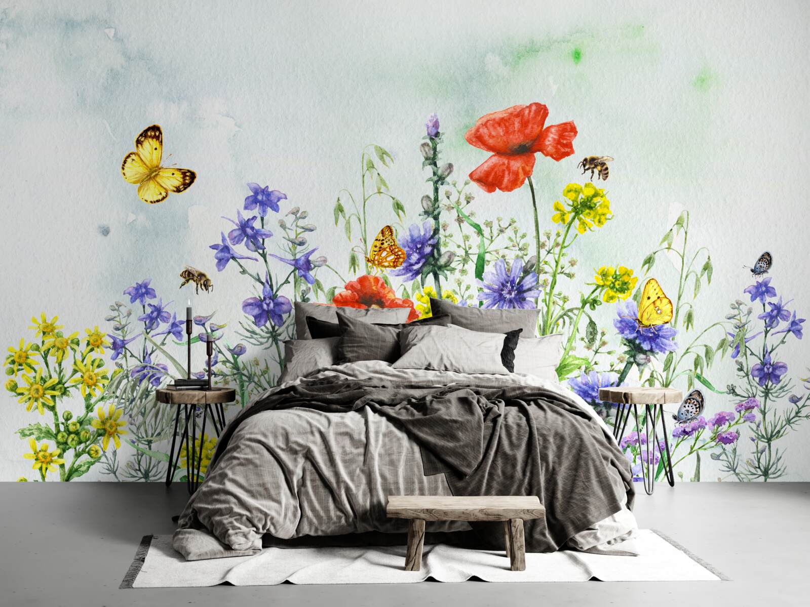 Fotobehang Spectaculaire vlinders en weidebloemen in de zomer