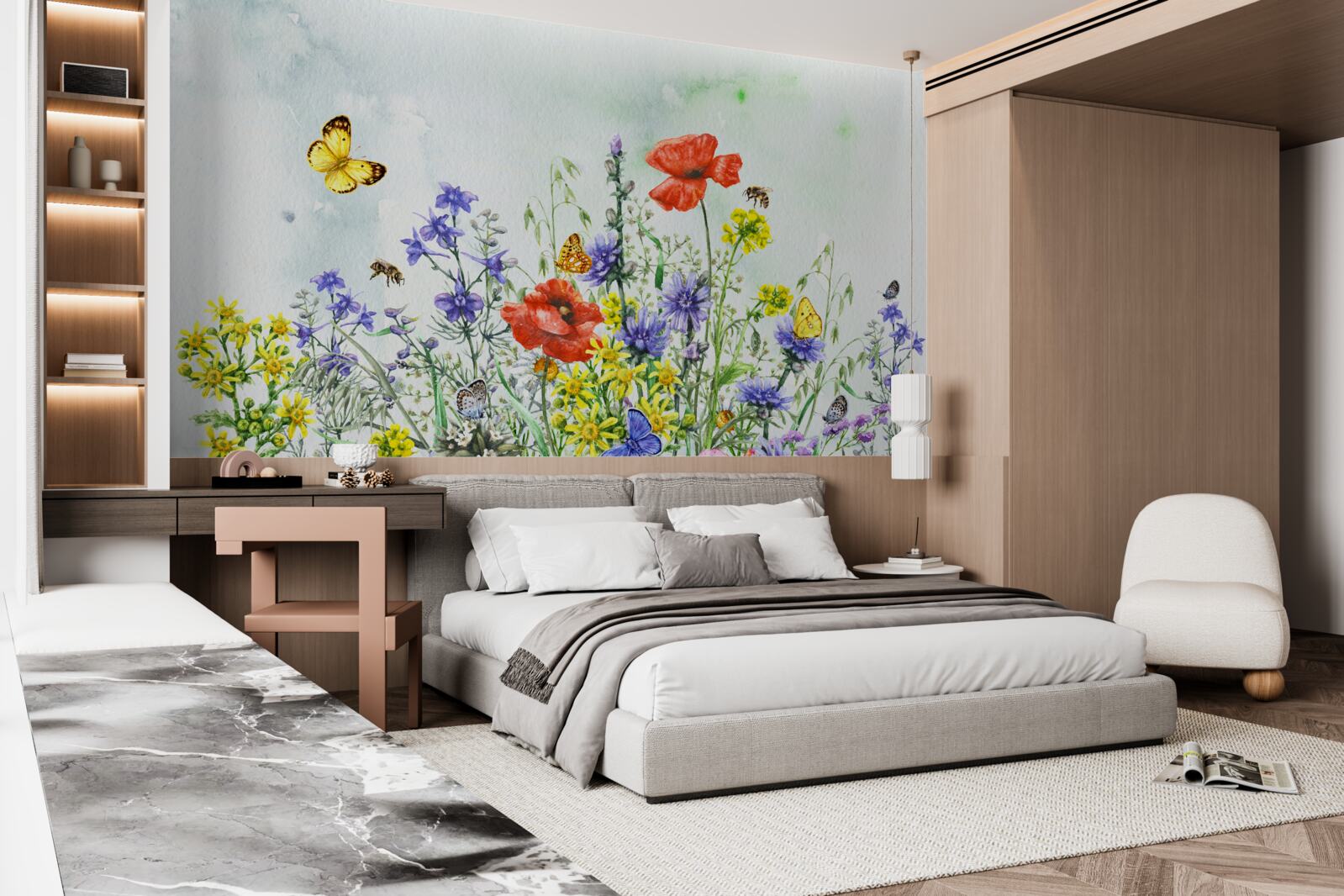 Fotobehang Spectaculaire vlinders en weidebloemen in de zomer