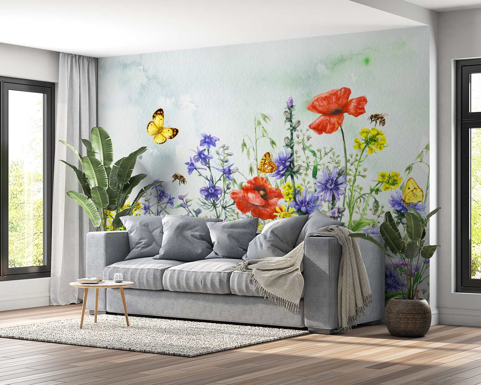 Fotobehang Spectaculaire vlinders en weidebloemen in de zomer