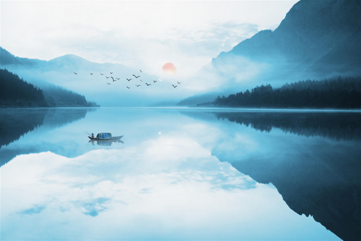 Fotobehang bij zonsondergang is de visser in diep water