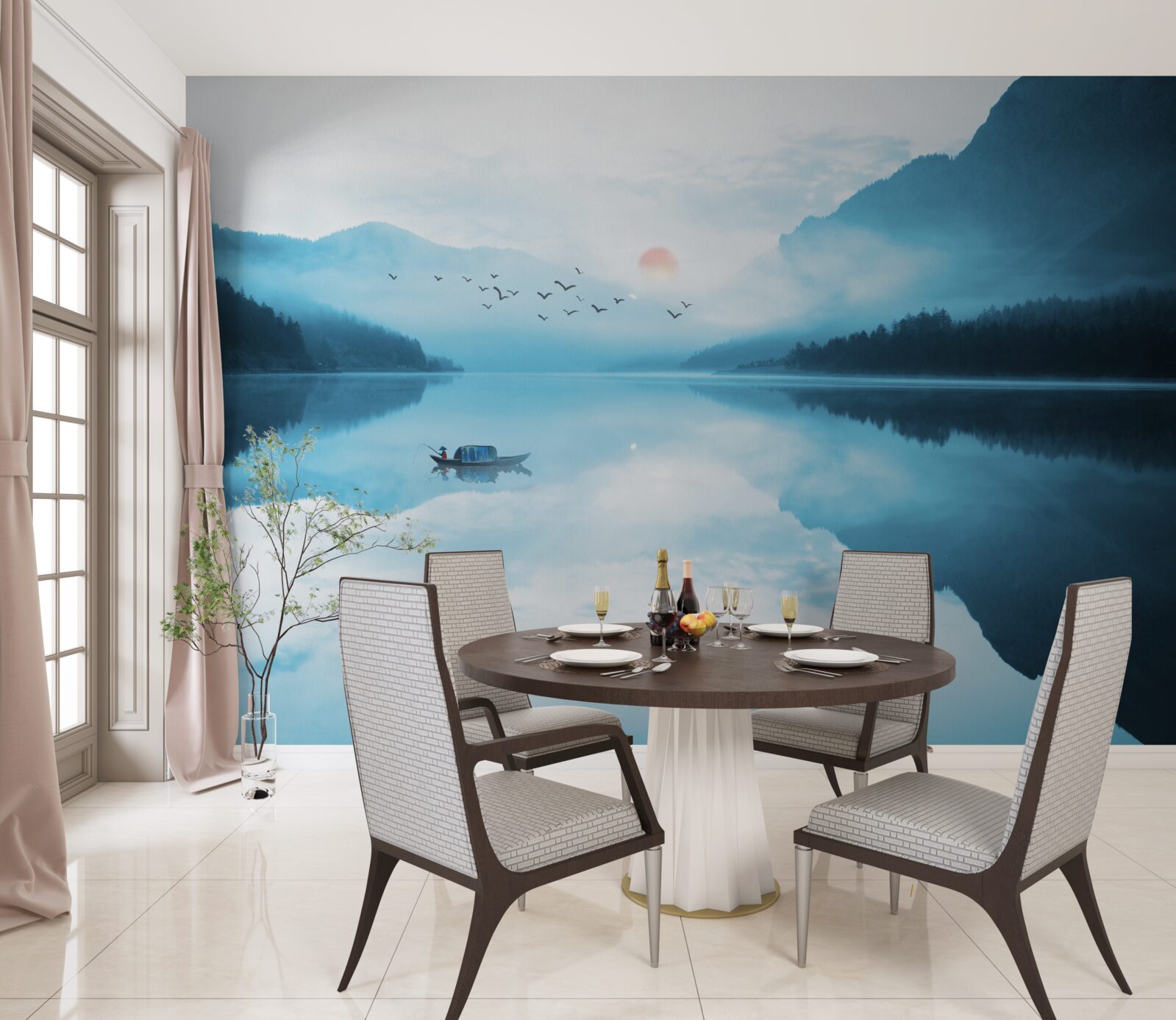 Fotobehang bij zonsondergang is de visser in diep water