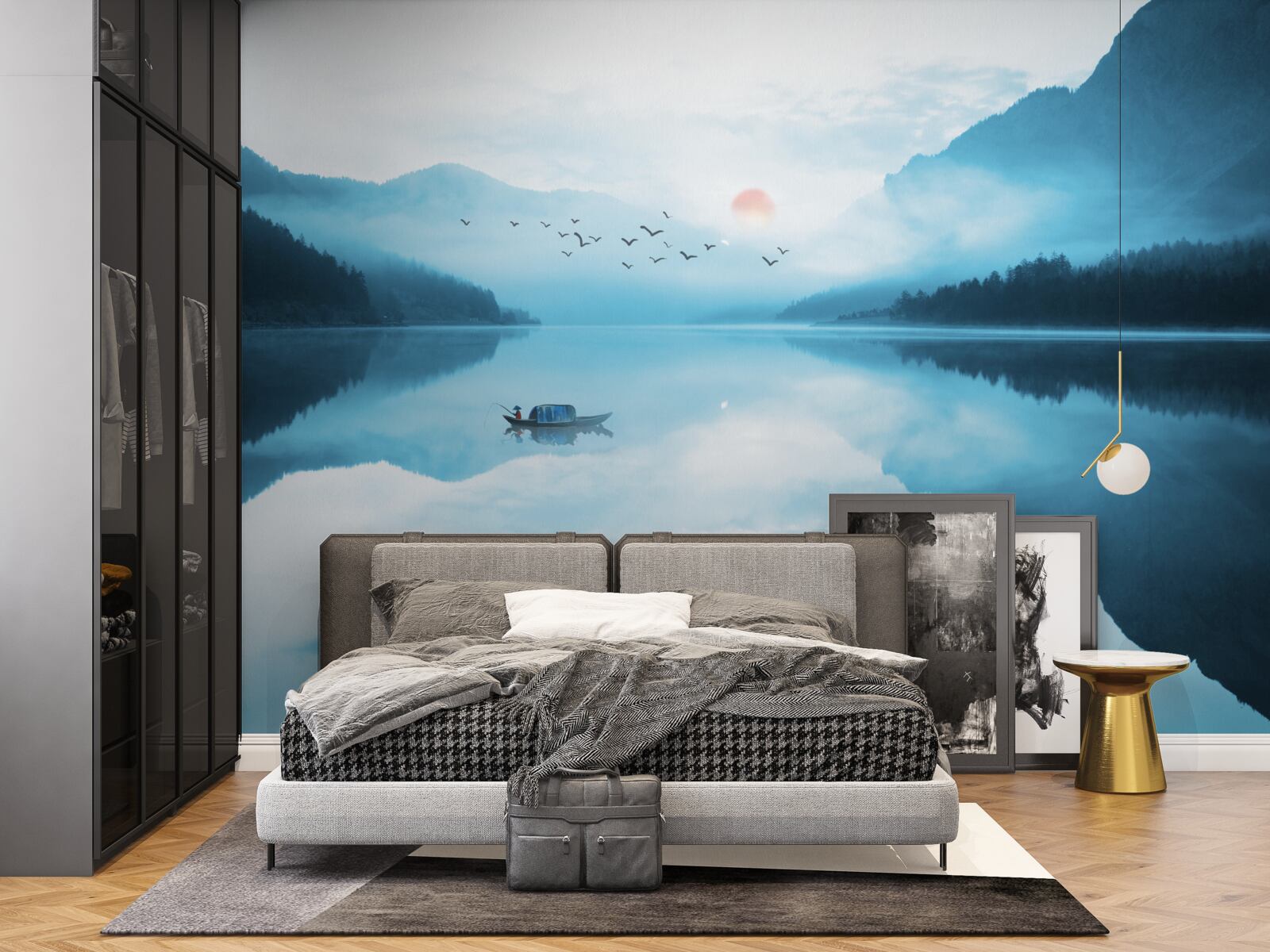 Fotobehang bij zonsondergang is de visser in diep water